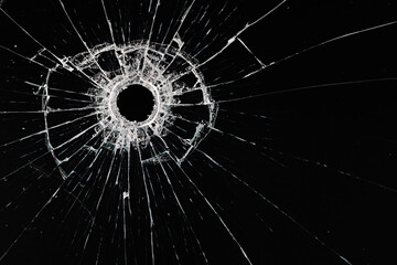 bullet hole on glass black background for overlay, transparent window - obrazy, fototapety, plakaty