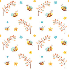 Watercolor seamless pattern at white background with cute cartoon bees. Little bee flying between colorful tree and flowers. Art for textile in children nursery.