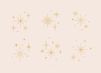 Clink splashes, stars, glowing in flat line art deco style drawing on beige background