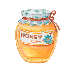 Rural honey jar with yellow nectar. Watercolor cartoon glass pot with floral fabric isolated on white. Natural homemade product.