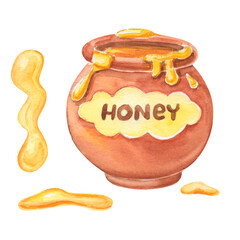 Watercolor cartoon pot with honey. Bright food illustration isolated on white.