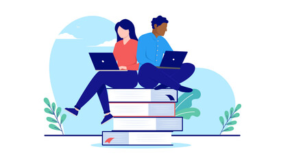 Students studying - Diverse woman and man sitting on books with laptops learning and taking online education. School concept. Flat design vector illustration with white background