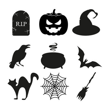 Set of black vector halloween icons isolated on white background.Silhouette of a pumpkin, tombstone, witch hat, broom,web,bat,raven,black cat.Elements for design.Vector illustration