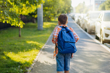 caucasian boy walking to school wearing school bag. Begining of academic year