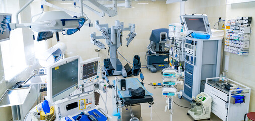 Operating clinical room with modern technologies. Operational surgery hospital healthcare.