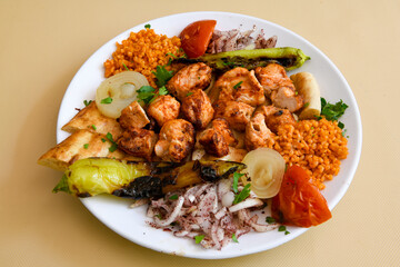 Chicken wings barbeque in a dish with BBQ grill sauce . Izgara tavuk kelebek sis kanat. Tavuk sis, gogus.
