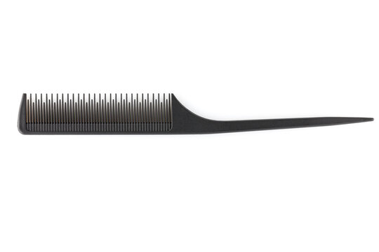 Comb With A Tail. Professional Hairdressing Comb Rat Tail For Hair. Comb With A Thin And Long Handle On A White Background. Premium Hairdressing Accessories For Haircuts.