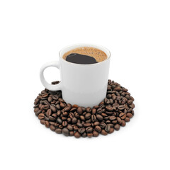 White cup of coffee on pile of roasted coffee beans isolated on white background          