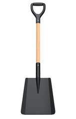 Garden shovel with wooden handle on white background, summer camping concept