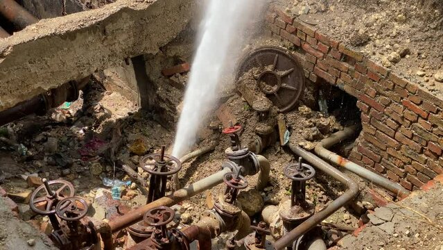 Water burst pipeline damage in Simferopol, Crimea, Russia.