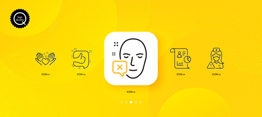 Fototapeta na wymiar Report, Like and Nurse minimal line icons. Yellow abstract background. Hold heart, Face declined icons. For web, application, printing. Work statistics, Thumb up, Medical mask. Friendship. Vector