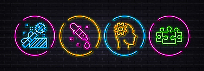 Sale, Chemistry pipette and Engineering minimal line icons. Neon laser 3d lights. Puzzle icons. For web, application, printing. Gift box, Laboratory, Cogwheel head. Jigsaw. Neon lights buttons. Vector