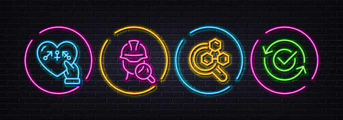 Genders, Chemistry lab and Inspect minimal line icons. Neon laser 3d lights. Approved icons. For web, application, printing. Inclusion, Lab research, Builder review. Refresh symbol. Vector