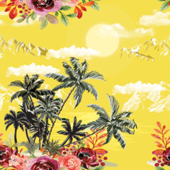 Fototapeta na wymiar Beach for sale in the island, tropical forest, seamless pattern on yellow background