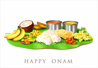 Traditional food (sadya) served on banana leaf for South Indian harvest festival Onam. Isolated on white. Vector illustration.