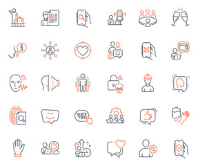 People icons set. Included icon as Heart, Face id and Luggage belt web elements. Find user, Teamwork, Like icons. Cyber attack, Head, Champagne glasses web signs. Inspect, Meeting, Group. Vector