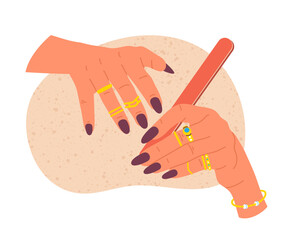 Cartoon female manicured hands, girl polishing nails. Manicure salon nail care routine, nail polishing procedure flat vector illustration. Trendy manicure concept