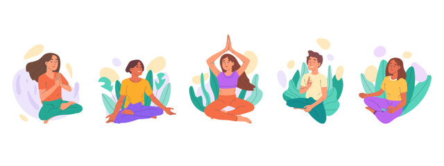 Obraz na płótnie Canvas Cartoon meditating, relaxing people, characters practicing yoga. Meditating, peaceful women and men, breath training and mental wellness flat vector illustration. Meditation and yoga practice