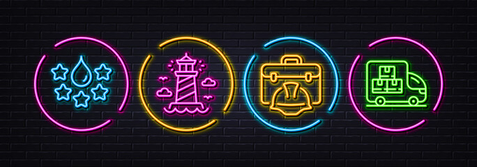 Construction toolbox, Quality and Lighthouse minimal line icons. Neon laser 3d lights. Delivery truck icons. For web, application, printing. Architect helmet, Best dye, Beacon tower. Vector