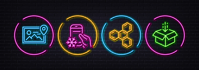 Chemical formula, Refrigerator app and Photo location minimal line icons. Neon laser 3d lights. Get box icons. For web, application, printing. Chemistry, Fridge application, Image album. Vector