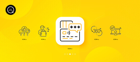 Fototapeta na wymiar Card, 360 degree and Like minimal line icons. Yellow abstract background. Online access, Food delivery icons. For web, application, printing. Bank payment, Virtual reality, Social media likes. Vector