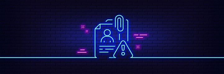 Neon light glow effect. Search employee line icon. Interview warning sign. Caution alert symbol. 3d line neon glow icon. Brick wall banner. Search employee outline. Vector