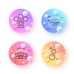 Naklejka premium Arena stadium, Food delivery and Video conference minimal line icons. 3d spheres or balls buttons. Clean bubbles icons. For web, application, printing. Vector