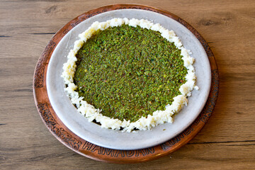 Turkish Dessert Sobiyet  Baklava, mussels baklava and classic baklava with Pistachio . Cevizli, Fistikli Baklava, top view.