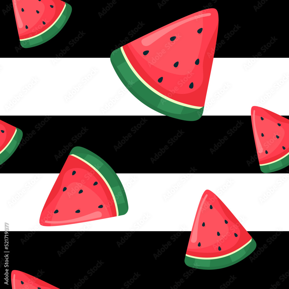 Wall mural Watermelon slices on striped black and white background. Pattern 