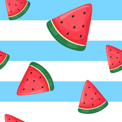 Watermelon slices on striped blue and white background. Pattern 