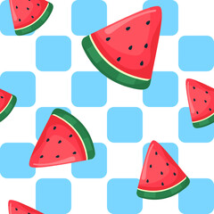 Watermelon slices on a square blue and white background. Pattern 