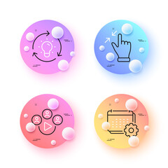 Video conference, Touchscreen gesture and Calendar minimal line icons. 3d spheres or balls buttons. Idea icons. For web, application, printing. Remote business, Zoom out, Schedule planner. Vector