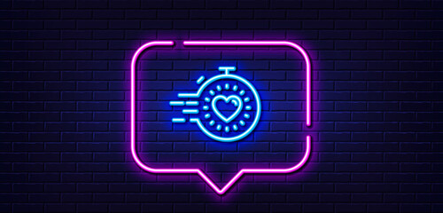 Neon light speech bubble. Timer line icon. Time management sign. Stopwatch with heart symbol. Neon light background. Timer glow line. Brick wall banner. Vector