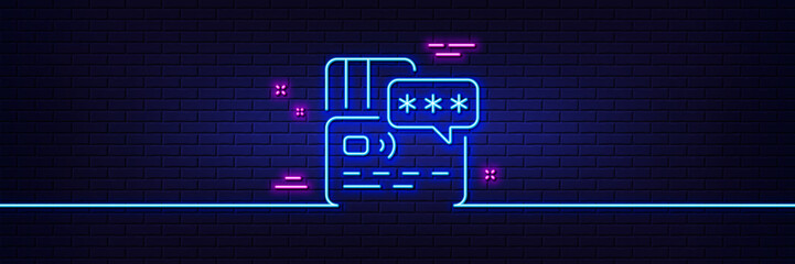 Neon light glow effect. Credit card line icon. Bank money payment sign. Password protection symbol. 3d line neon glow icon. Brick wall banner. Card outline. Vector