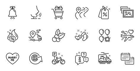 Outline set of Marry me, World globe and Calendar line icons for web application. Talk, information, delivery truck outline icon. Include Santa boots, Hot offer, Balloon dart icons. Vector