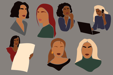 Vector illustration of businesswomen. Girls at work. Female Boss. A set of business ladies clip art. Vector stock illustration isolated on background. EPS 10