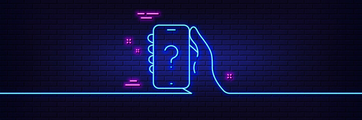 Neon light glow effect. Ask question phone app line icon. Help support sign. Faq questionnaire symbol. 3d line neon glow icon. Brick wall banner. Ask question outline. Vector