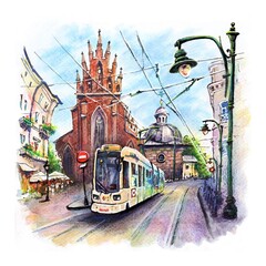 Fototapeta Watercolor sketch of tram near Holy Trinity Church, Krakow, Poland obraz