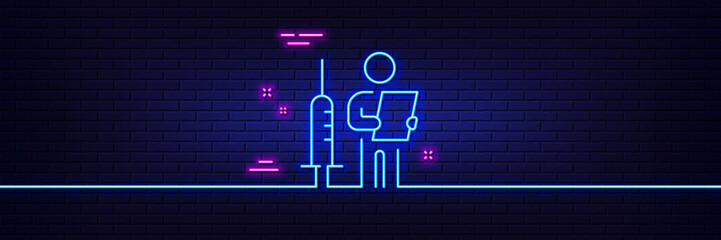 Neon light glow effect. Vaccination announcement line icon. People vaccine syringe sign. Injection jab symbol. 3d line neon glow icon. Brick wall banner. Vaccination announcement outline. Vector - obrazy, fototapety, plakaty