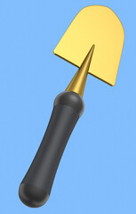 Garden shovel or trowel with wooden handle on blue background, summer camping