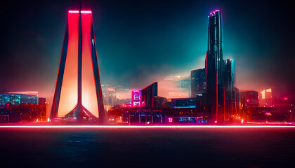 Fototapeta na wymiar Neon night city of the future. Night panorama of the city, neon light, lights of a large metropolis, high-rise buildings. 3D illustration