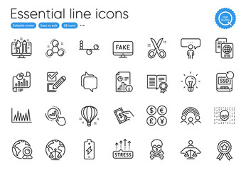 Creative design, Fake news and Money currency line icons. Collection of Messenger, Checkbox, Court judge icons. Video conference, Idea, Air balloon web elements. Winner ribbon. Vector