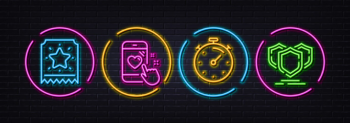 Timer, Heart rating and Loyalty ticket minimal line icons. Neon laser 3d lights. Shields icons. For web, application, printing. Deadline management, Phone feedback, Bonus star. Safe secure. Vector