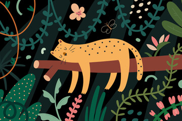 Leopard in jungle, jaguar sleeping on a tree branch in dense rainforest with tropic plants, cute spotted wild feline, forest with palms and lianas, exotic scenery. Vector childrens illustration © Favebrush