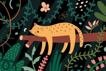 Foto op Plexiglas Leopard in jungle, jaguar sleeping on a tree branch in dense rainforest with tropic plants, cute spotted wild feline, forest with palms and lianas, exotic scenery. Vector childrens illustration © Favebrush