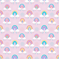 .Abstract rainbow with clouds and raindrops, doodles and circles in a seamless pattern