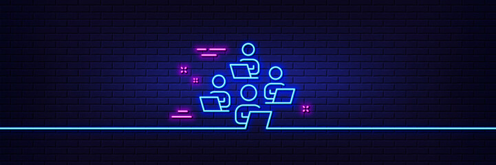 Neon light glow effect. Teamwork line icon. Remote office sign. Team employees symbol. 3d line neon glow icon. Brick wall banner. Teamwork outline. Vector