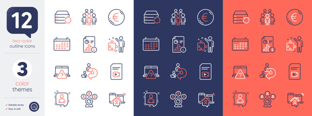 Set of Group people, Recovery server and Work home line icons. Include Strategy, Report, Video conference icons. Online question, Delegate work, Video file web elements. Calendar. Vector