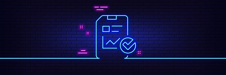 Neon light glow effect. Report document line icon. Analysis Chart or Sales growth report sign. Statistics data or Checklist symbol. 3d line neon glow icon. Brick wall banner. Vector