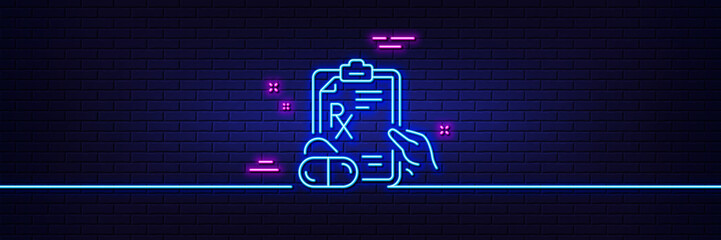 Neon light glow effect. Prescription Rx recipe line icon. Medicine drugs pills sign. 3d line neon glow icon. Brick wall banner. Prescription drugs outline. Vector